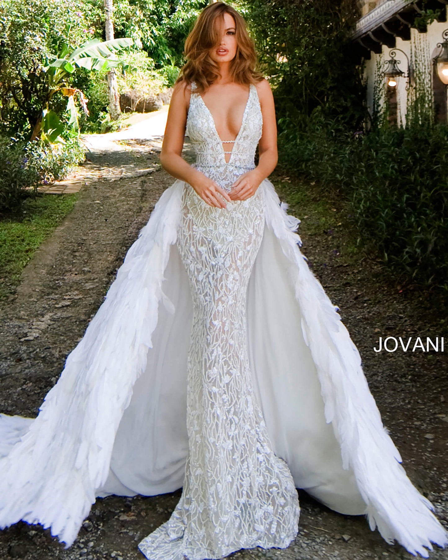 Jovani S62942 62942 Couture Feather Wedding Dress Pageant Gown Overskirt Over Skirt Bridal Train Glass Slipper Formals