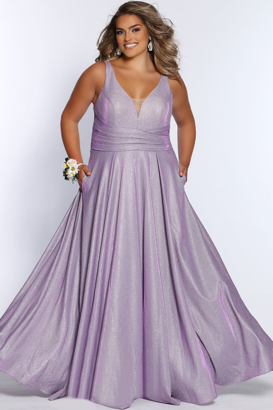 Sydney's Closet SC7324 Size 24 Sage Metallic Prom Dress A Line V Neckline Plus Sized SC 7324