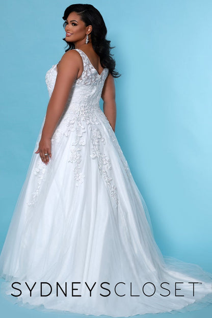 Sydney's Closet SC5259 Jasmine Ivory Wedding Dress.  A classic A line Wedding Dress with shimmer tulle and floral embroidered lace. The straps are sheer lace and it has a V neckline. 