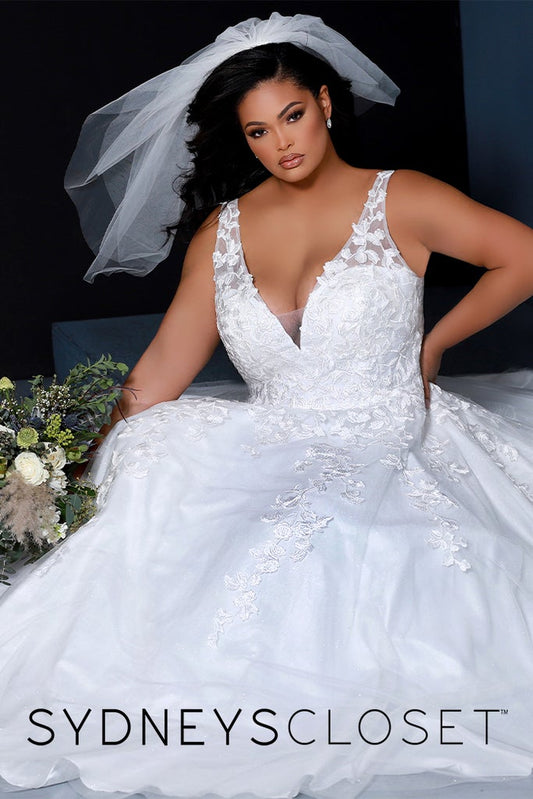 Sydney's Closet SC5259 Jasmine Ivory Wedding Dress.  A classic A line Wedding Dress with shimmer tulle and floral embroidered lace. The straps are sheer lace and it has a V neckline. 