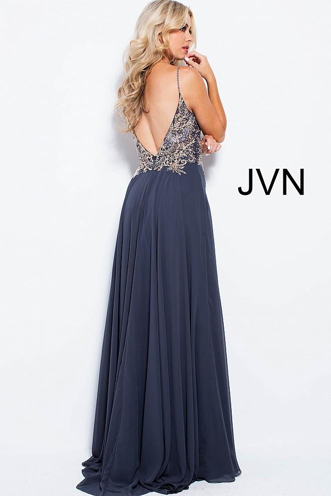 JVN55885 embellished bodice plunging neckline flowy chiffon a line prom dress available in Off White, Charcoal, Navy, Pink, Off White or Sky Blue
