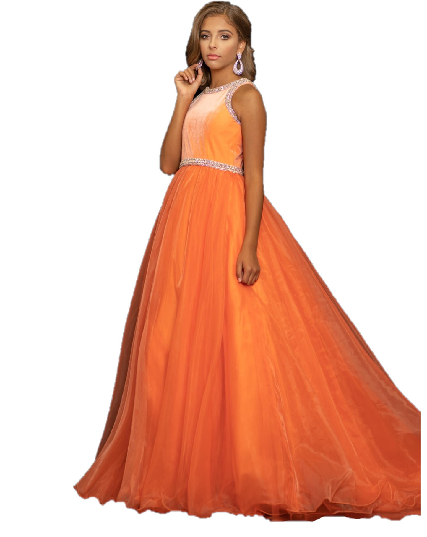 Sugar Kayne C124 by Johnathan Kayne is a stretch satin bodice girl pageant dress. Lush Organza Ballgown skirt. Crystal Embellished waist band and bodice edges. High Neck Gown with sweeping train.  Available Colors: Creamsicle, Royal  Available Size: 2-16