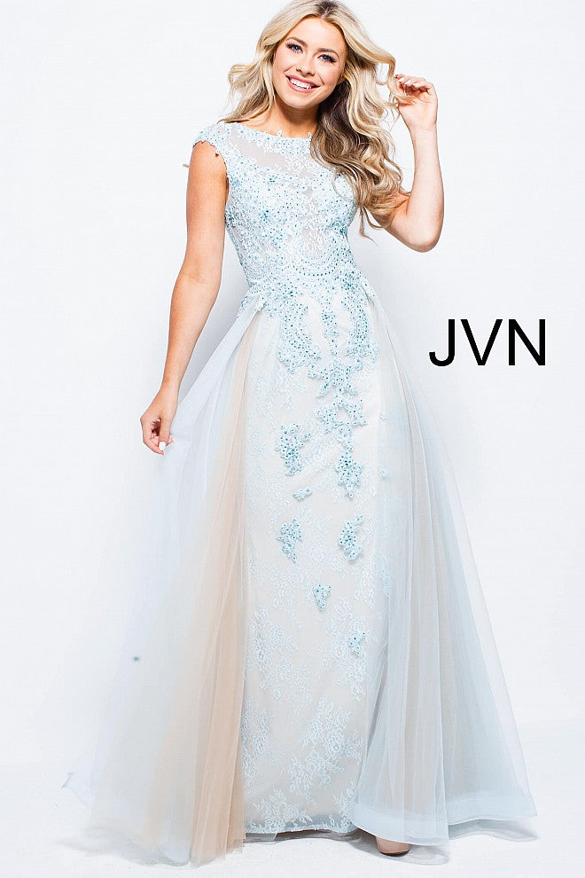 JVN by Jovani 58023 Size 0 Royal high neck prom dress overskirt lace cap sleeve