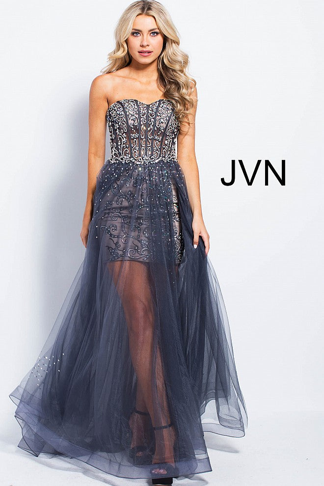 Jovani JVN55886 Size 2 Charcoal sheer corset Formal Dress High Low Fun Fashion Gown