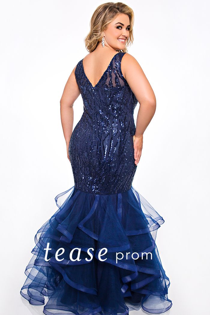 Tease Prom TE2048  embellished mermaid plus size prom dress.  ﻿Red carpet ready!  Be glamorous wearing a luxurious sequin mermaid dress with tiered skirt. Heavily sequined V-bodice, illusion straps, and V-back center zipper flatter your curves. Fit-and-flare style with a tiered tulle skirt is very sexy for your prom night.  Perfect for the Queen who wants to be trendy and seductive for Prom
