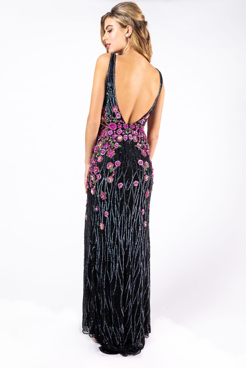 Primavera Couture 3238 Prom Dress Pageant Gown his fully beaded gown features thick straps, a side slit, an open back, and stunning floral beading at the waist than spreads toward the bottom.  Floral multi embellished prom dress.     Black Multi Size 6 