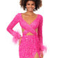 Ashley Lauren 11364 Talk about fabulous?! This beaded gown features a criss-cross cut out bodice and long sleeves. The sleeves are trimmed in feathers. The gown is complete with a left leg slit and sweep train. V-Neckline Criss Cross Bodice with Cut Outs Feather Trimmed Sleeves Left Leg Slit COLORS: Sky, Ivory, Hot Pink, Red