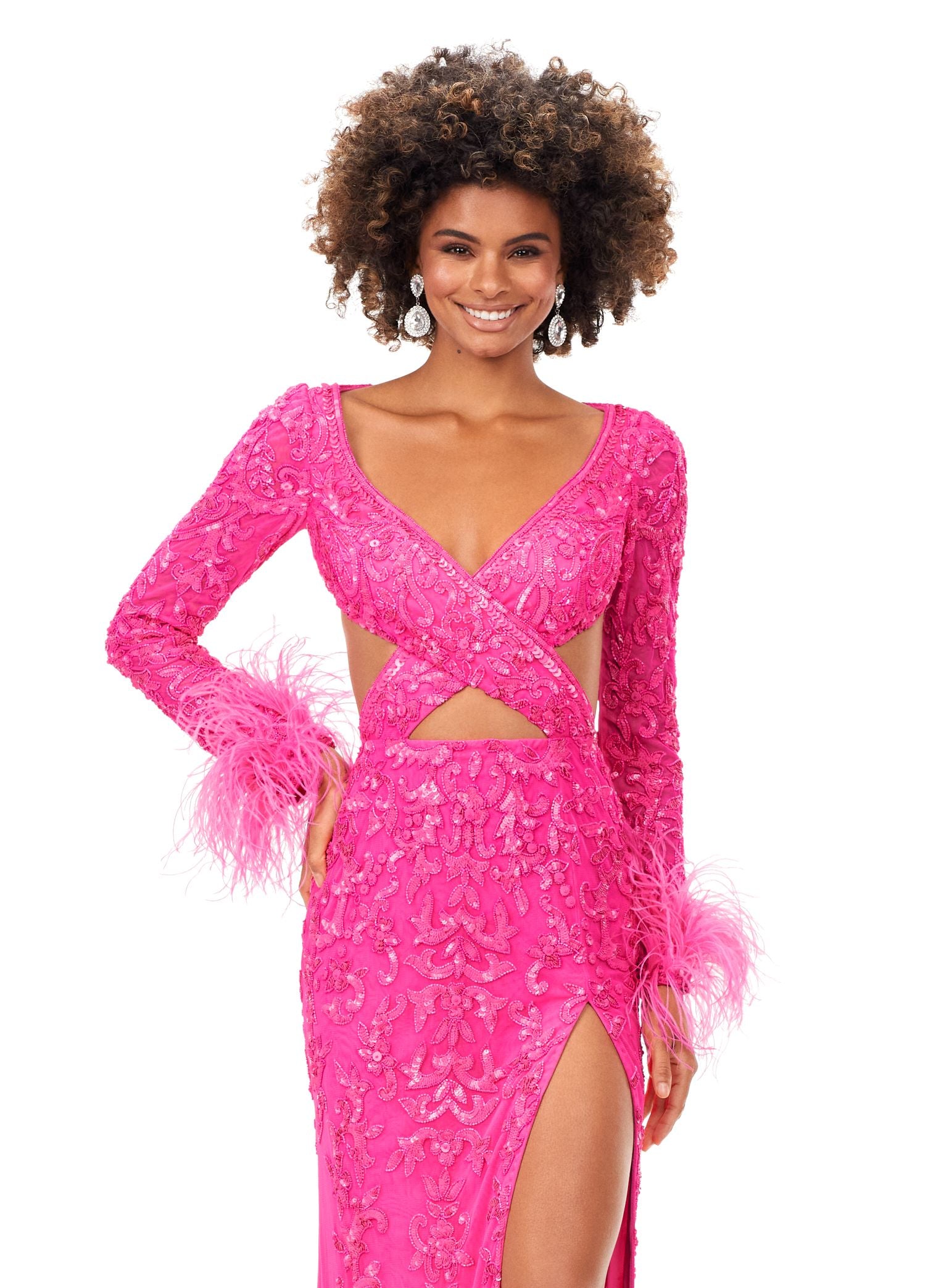 Ashley Lauren 11364 Talk about fabulous?! This beaded gown features a criss-cross cut out bodice and long sleeves. The sleeves are trimmed in feathers. The gown is complete with a left leg slit and sweep train. V-Neckline Criss Cross Bodice with Cut Outs Feather Trimmed Sleeves Left Leg Slit COLORS: Sky, Ivory, Hot Pink, Red