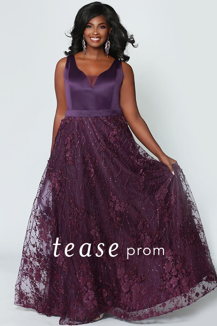  TE 1952  Be red carpet ready in this striking and sophisticated evening gown! Perfect for Prom, the mother of the bride, and more, this purple color translate well across seasons. Purple sequin waves compliment floral decals and embroidery. V-neckline with plum mesh with bra-friendly straps and sleeveless design looks timelessly beautiful. Bring an air of sophistication to the room with this sultry look.