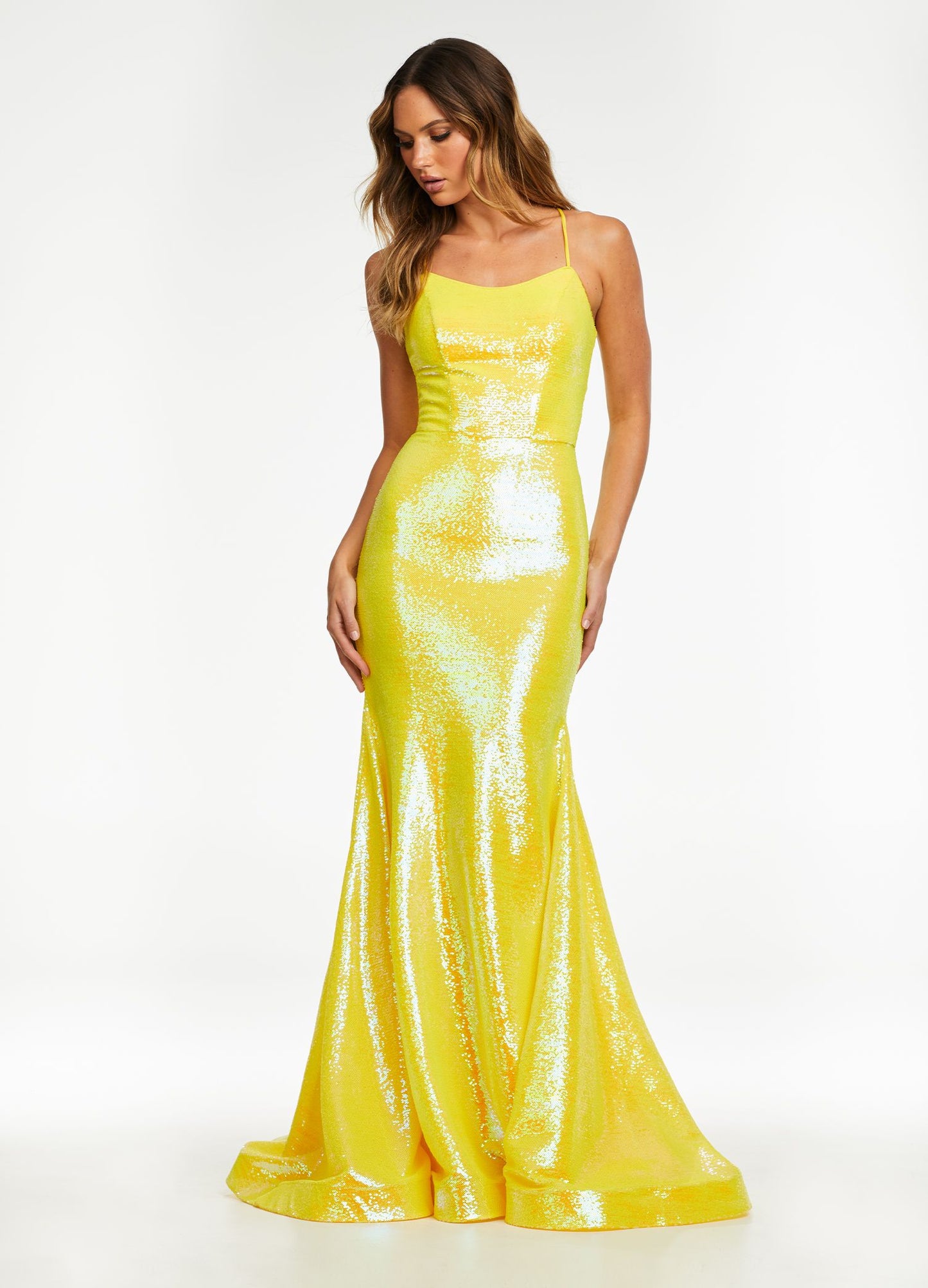 Ashley Lauren 11024 This is a neon sequin prom dress featuring a scoop neckline giving way to fitted skirt with train. The long mermaid pageant gown is complete with an open corset lace up back. Prom, Pageant and Formal Evening Wear Dresses.