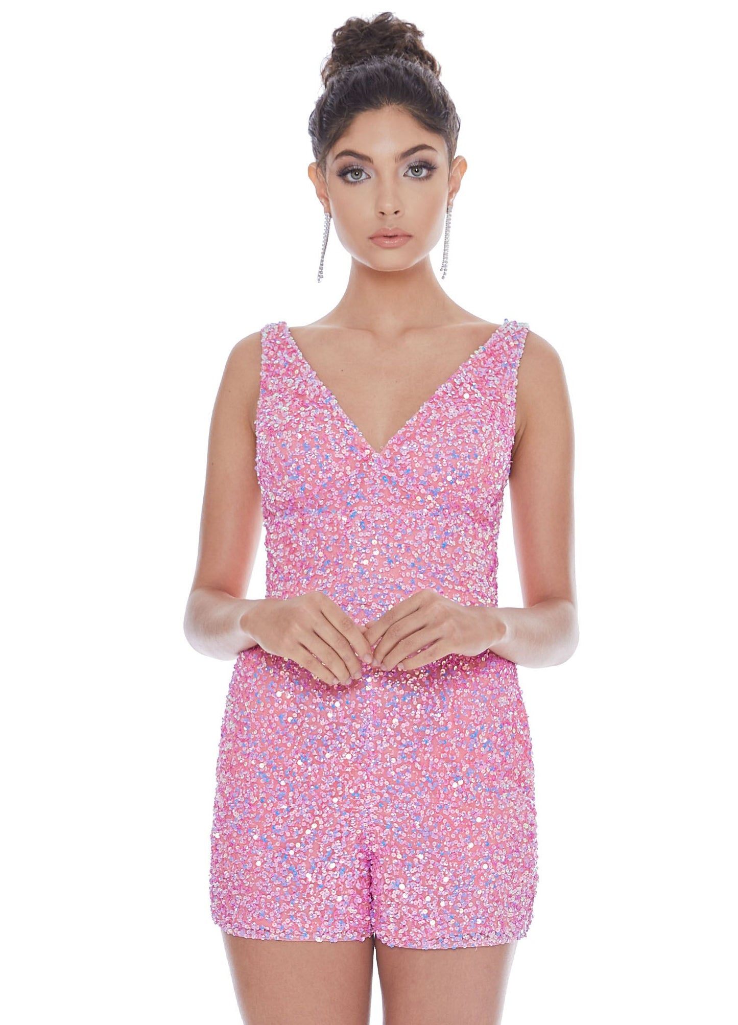 Ashley Lauren 4286 V neckline sequin romper for Prom, Pageant & almost any Formal & Semi Formal Event! Open V Back.  Available colors:  Aqua, Bubble Gum, Black, Red, Yellow  Available sizes:  0-16   Nothing is better than a romper! This fully beaded romper has a V-neckline and is complete with pockets. What more could you need?  Fully Beaded V-Neckline Pockets