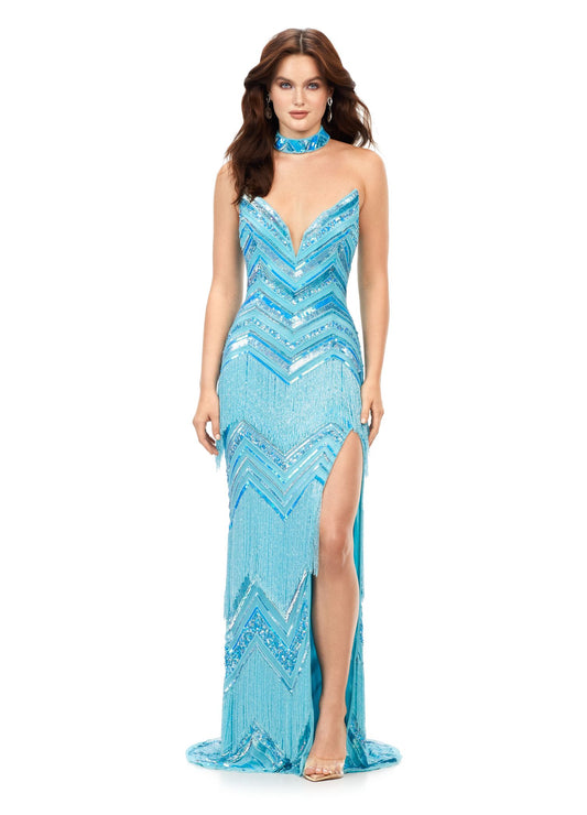 Ashley Lauren 11259 Strapless Prom Dress Beaded Evening Gown with Fringe Details