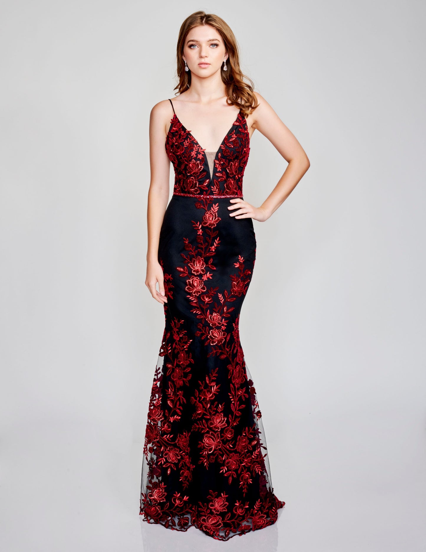 Nina Canacci 2240 Black Burgundy Prom Dress Evening Gown Floral Lace Size 6