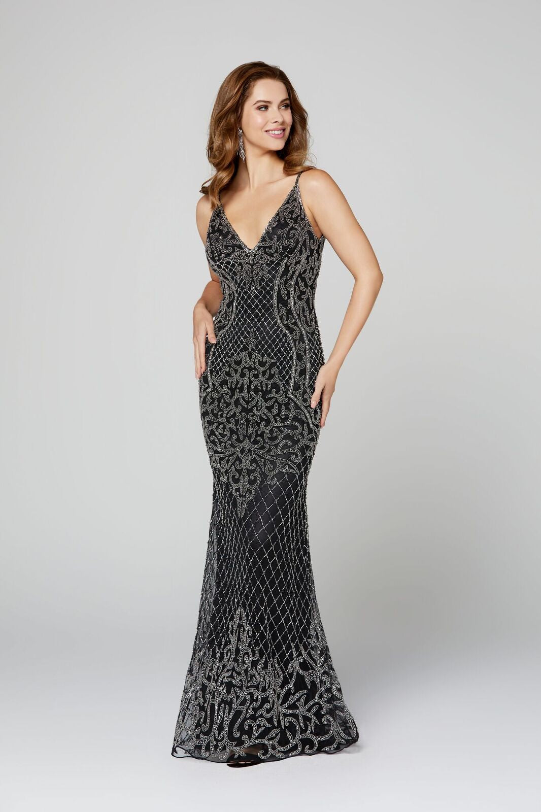 Primavera Couture 3415 spaghetti straps prom dress with v neckline beaded design evening gown with open low scoop back and no slit on this dress to show the beaded work on the hem of the dress. Hand Beaded & Embellished V Neck Formal Evening Gown Pageant Dress