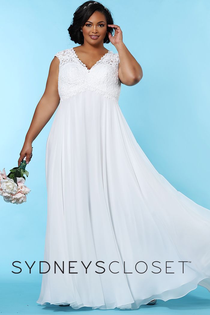 Sydney's Closet SC 5235 Renee Be a beautiful bride tying the knot at your beach wedding or any casual setting in this simple, but striking, plus size ivory laced chiffon wedding dress. Simple lines create a graceful Empire silhouette. Pretty lace V-Empire bodice is perfect for pictures. A soft chiffon floor-length skirt features an under layer of satin that adds comfort.  The back of this dress is just as beautiful as the front with the lace designed bodice. SC5235