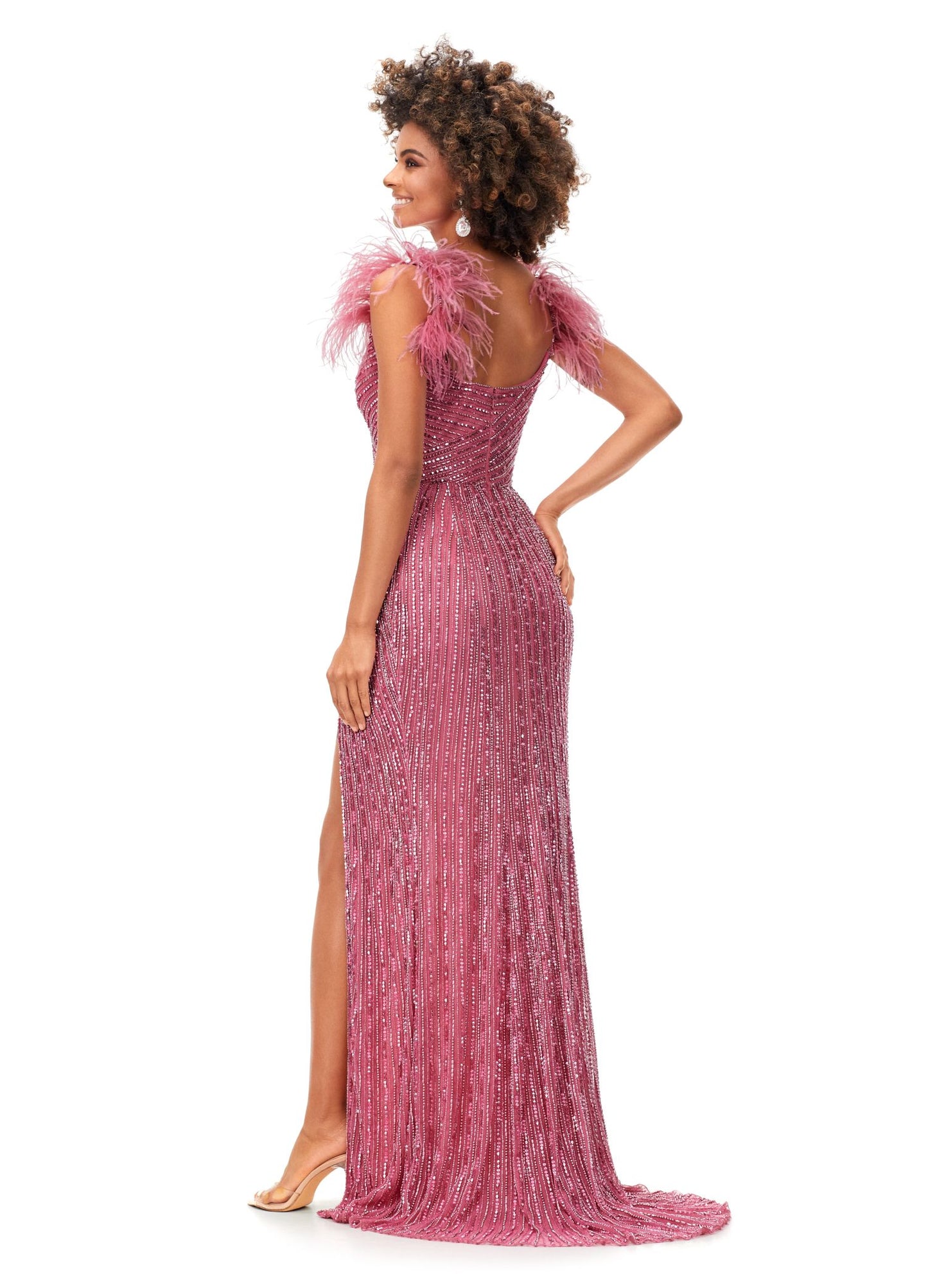 Ashley Lauren 11367 Fully Beaded Gown with Feather Straps