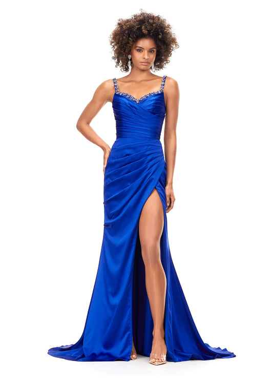 Ashley Lauren 11298 Ruched Satin Gown with Lace Up Back