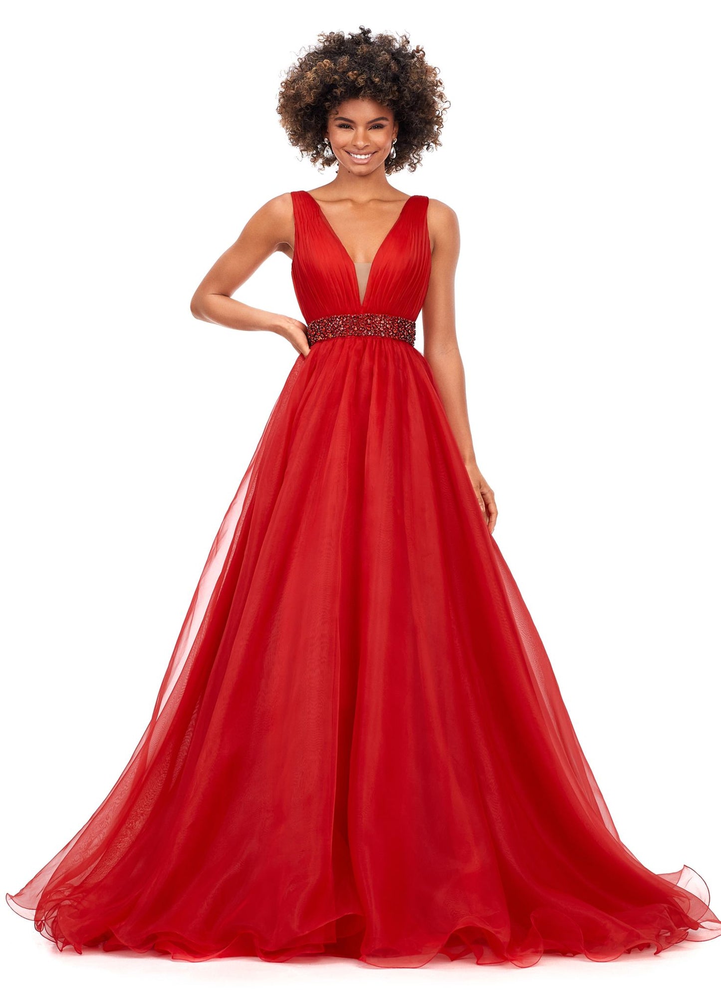 Ashley Lauren 11305 Stand out in this ball gown complete with a crystal encrusted waistband. The bustier has a deep v-neckline and a v-back. The gown is finished with a long, lavish train. V-Neckline V-Back Crystal Belt Organza COLORS: Orange, Royal, Red