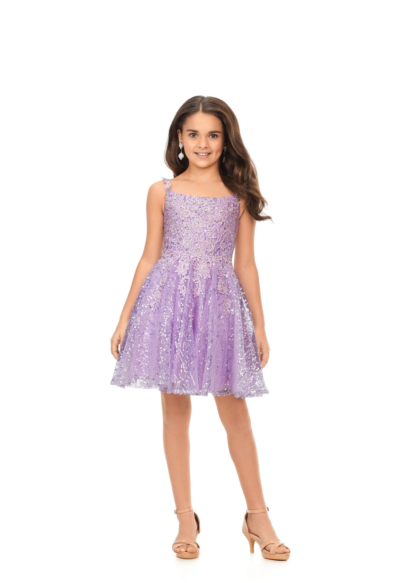 Ashley Lauren Kids 8161 The perfect kids cocktail dress is here. This fully embroidered sequin dress features a crew neckline and an a-line cut. Crew Neckline Embroidery Sequins A-Line Colors:  Lilac, Sky