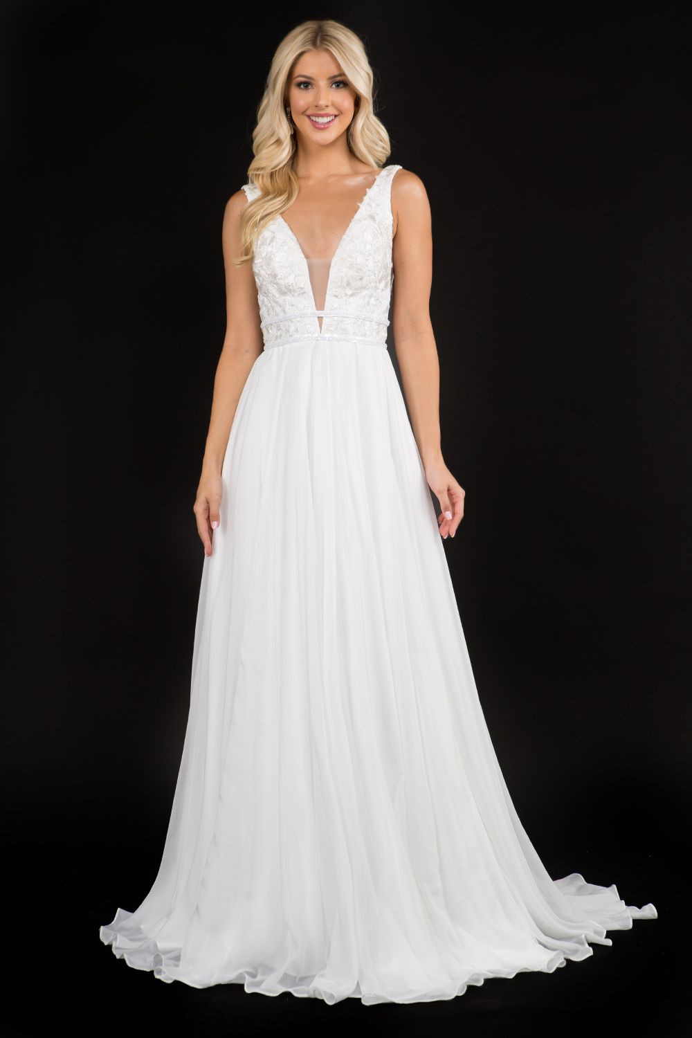 Nina Canacci 2205 lace plunging neckline long wedding dress with train. Flowy chiffon long skirt with train, backless.   Color Ivory  Sizes 0-12