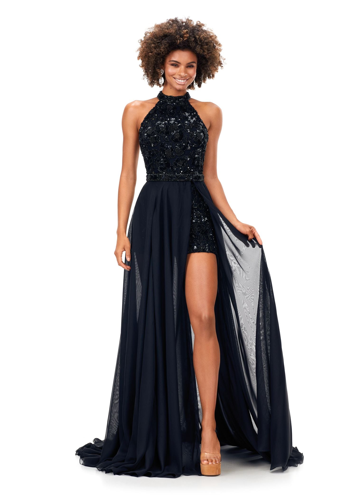 Ashley Lauren 11354 Beaded Halter Romper with Detachable Overskirt Formal Pageant Prom