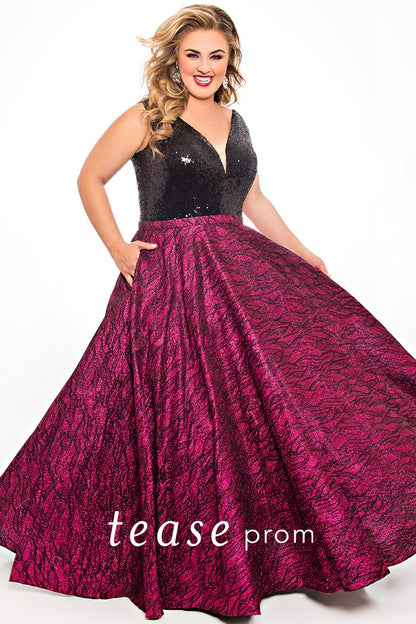 Tease Prom TE2041 size 14 Magenta sequin v neckline print ball gown plus sized prom dress. 